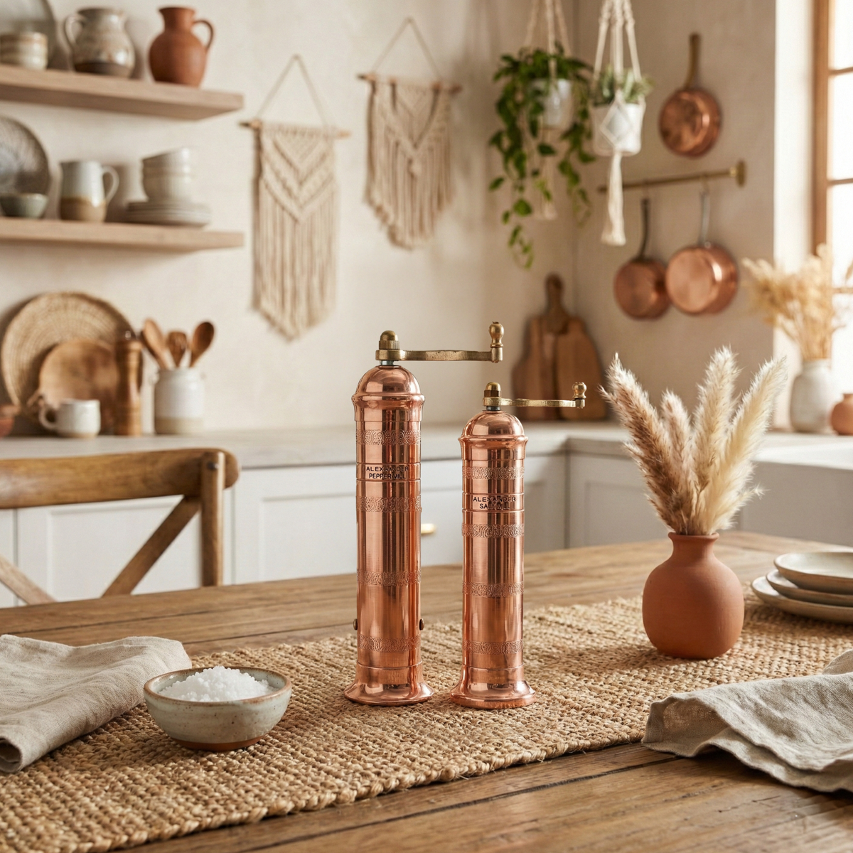 Copper + Brass Mills & Olive Wood Board Set