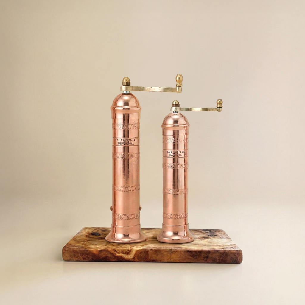 Copper + Brass Mills & Olive Wood Board Set