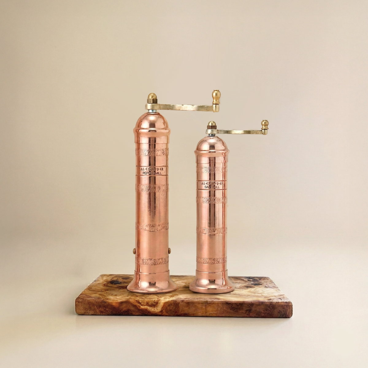 Copper + Brass Mills & Olive Wood Board Set