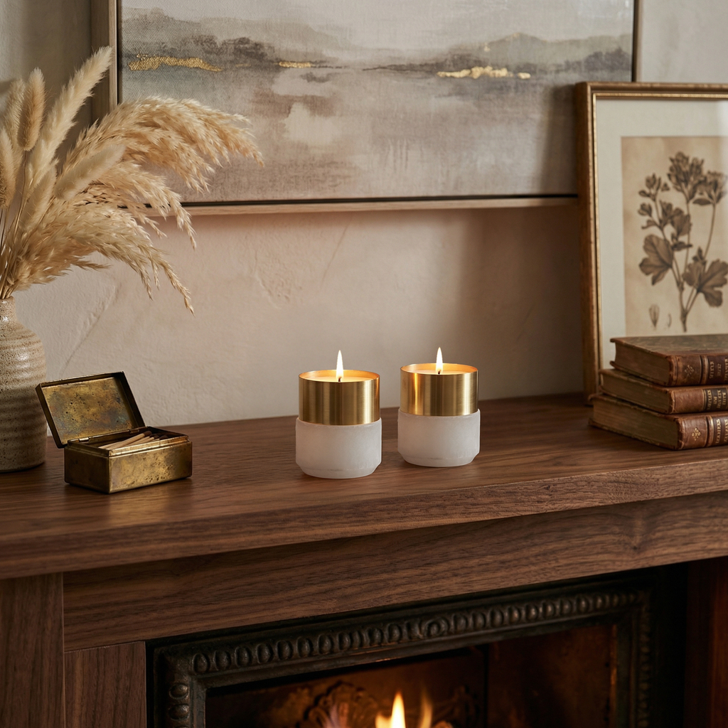 Alabaster and Brass Tealight Candle Holders - Pair