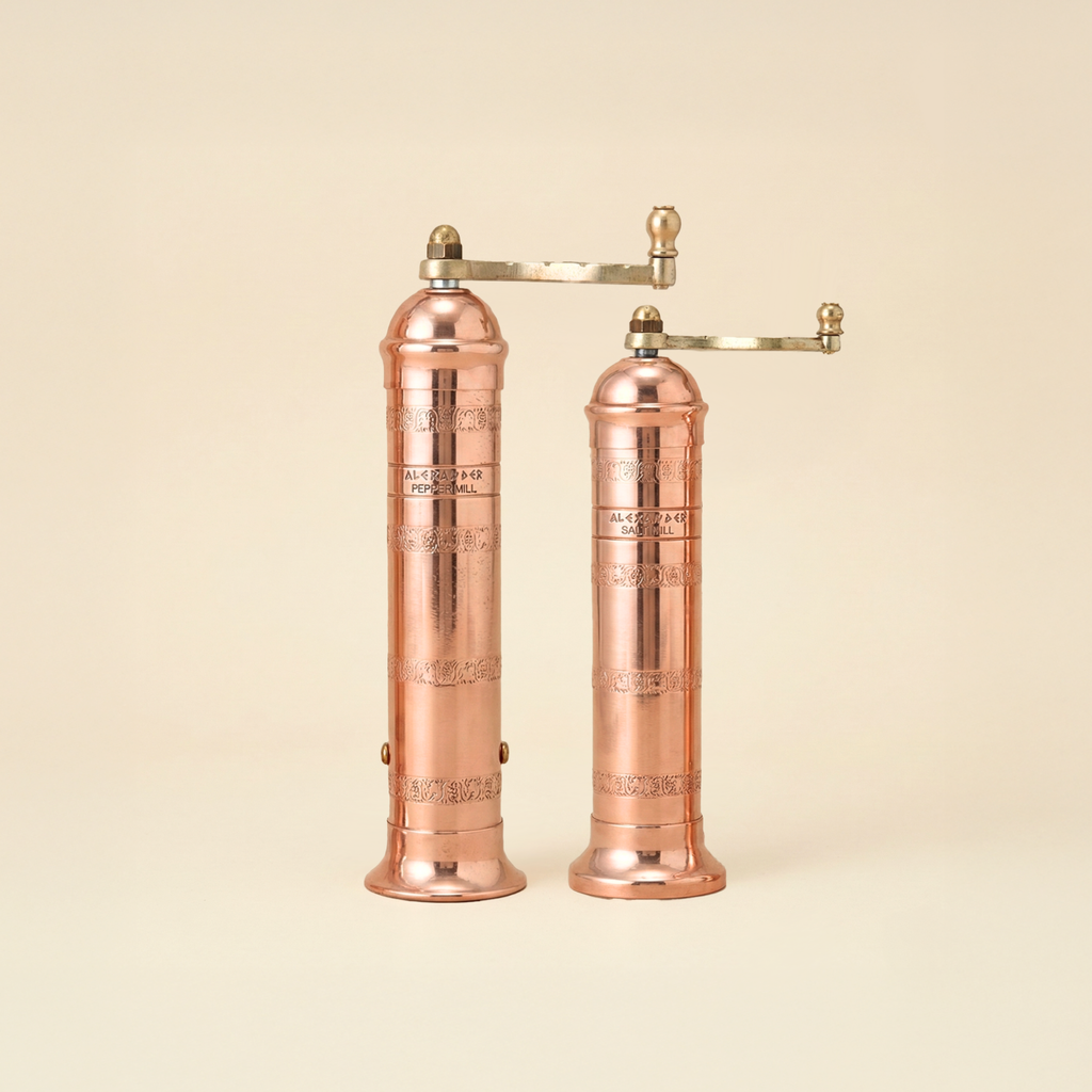 Copper + Brass Mills & Olive Wood Board Set