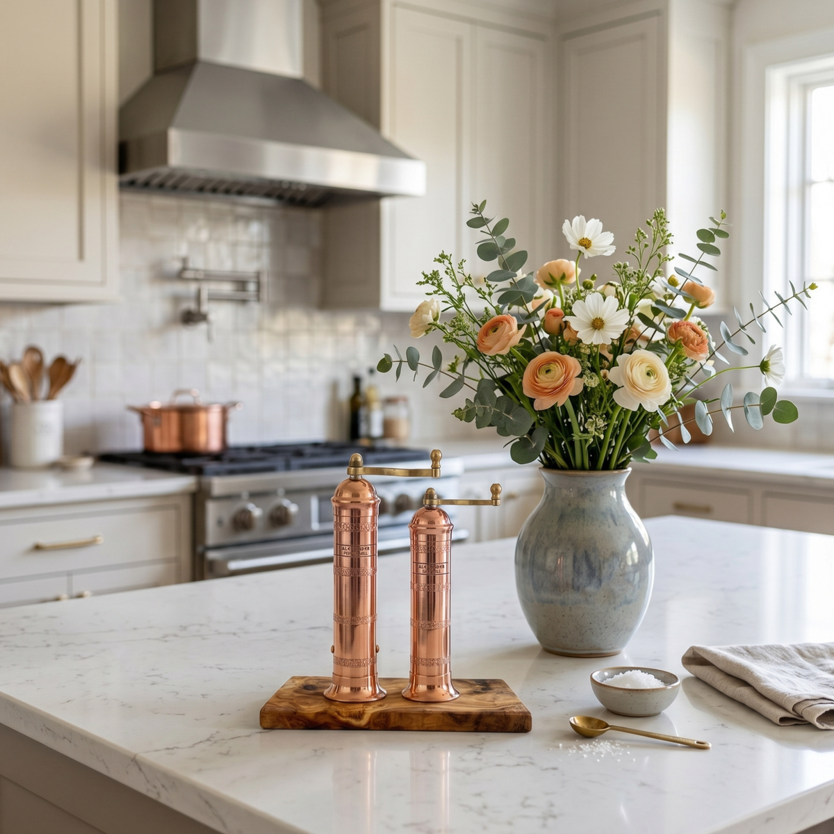 Copper + Brass Mills & Olive Wood Board Set