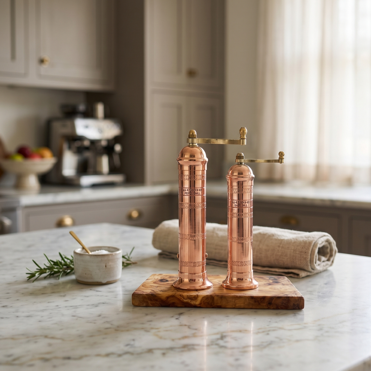 Copper + Brass Mills & Olive Wood Board Set